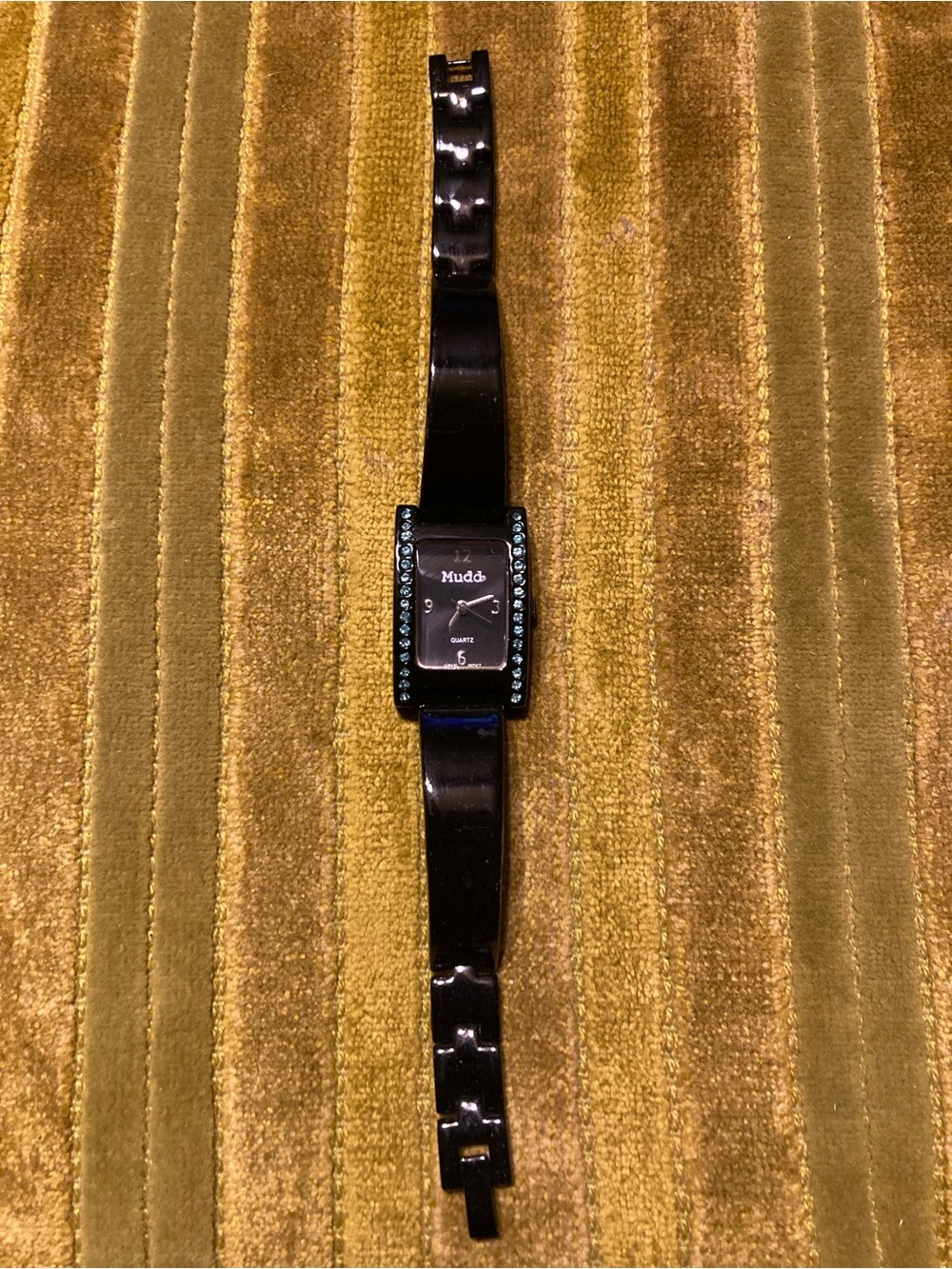 Vintage Mudd Black Women's Rectangle Watch with Blue Accent Stones